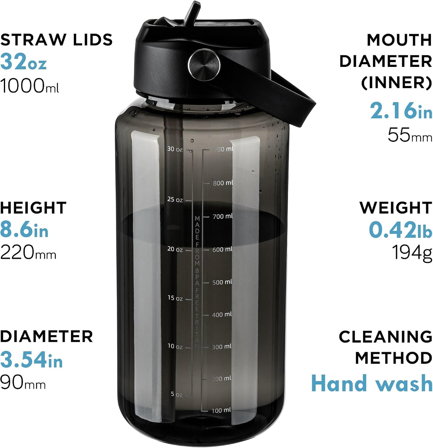 32Oz Water Bottle with Straw, Leakproof Tritan Clear Bottle with Marked Bottle and Carry Handle, Bpa-Free Wide Mouth Reusable Sports Bottle for Gym,Hiking, Camping,Travel, Workout,Black