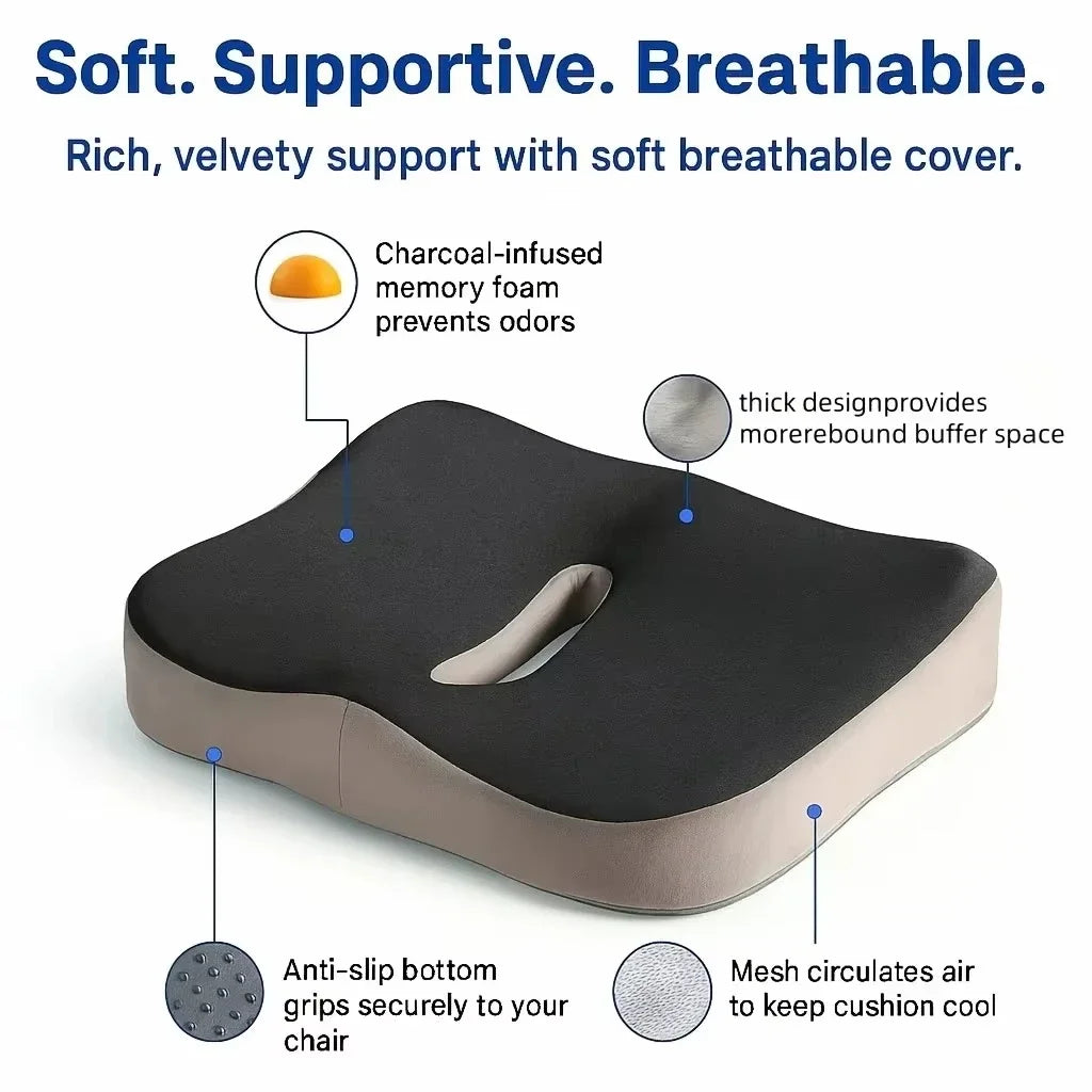 Non Slip Orthopedic Memory Foam Seat Cushion Relieves Tailbone Sciatica Back Pain Offers Comfort for Office Chair and Car Seat