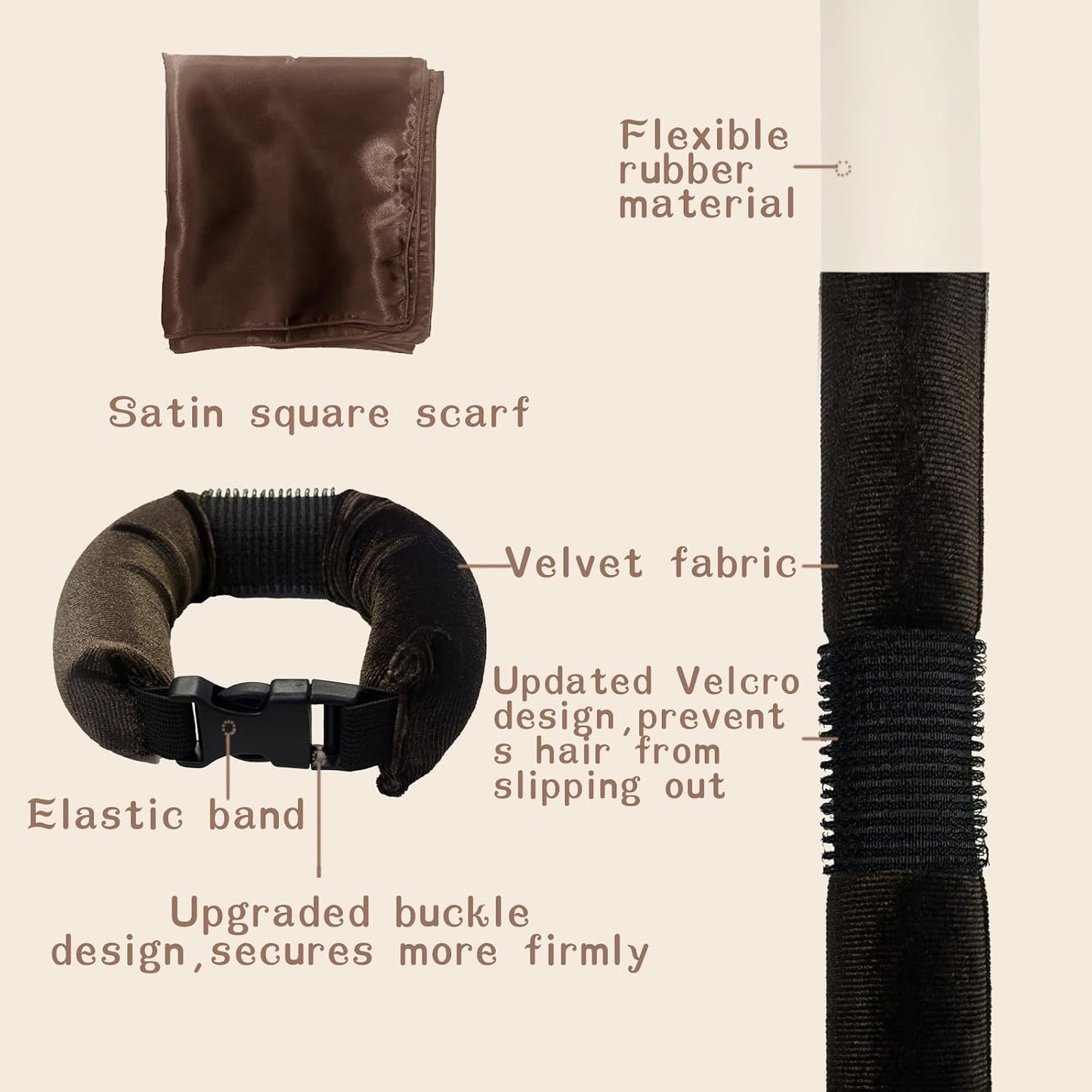 Heatless Hair Curler Velvet, Heatless Curls Overnight Hair Curlers to Sleep In, Overnight Rods Heatless Curls for Short Long Hair All Hair Types Styling Tools-4Pcs Brown