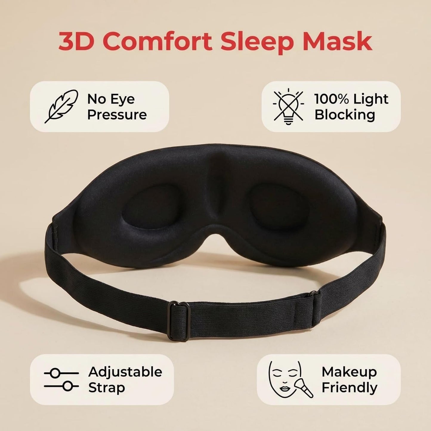 3D Contoured Sleep Mask, Soft Breathable Eye Mask for Sleeping, Light Blocking Blindfold with Adjustable Strap, Comfortable Night Eye Cover for Travel, Nap, Night Shift (1 Black)