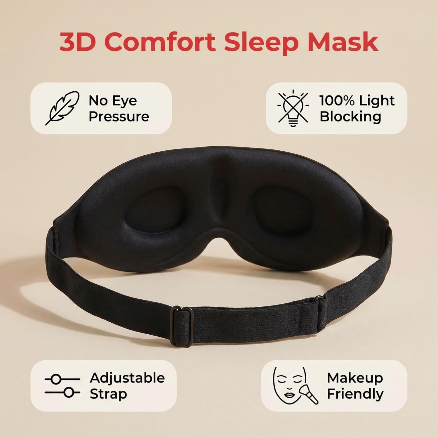 3D Contoured Sleep Mask, Soft Breathable Eye Mask for Sleeping, Light Blocking Blindfold with Adjustable Strap, Comfortable Night Eye Cover for Travel, Nap, Night Shift (1 Black)
