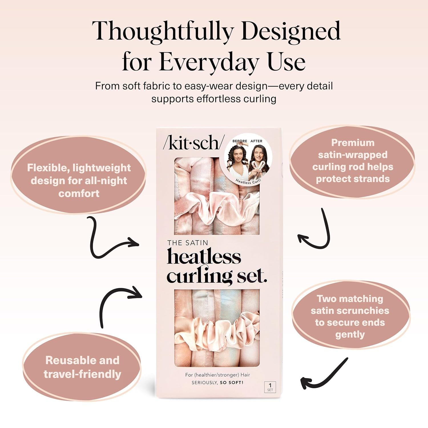 Kitsch Satin Heatless Curls Overnight Set - Sunset Tie Dye | No Heat Damage Overnight Curls | Comfortable Frizz Free Hair Curlers to Sleep in with 34" Hair Waver & 2 Satin Scrunchies