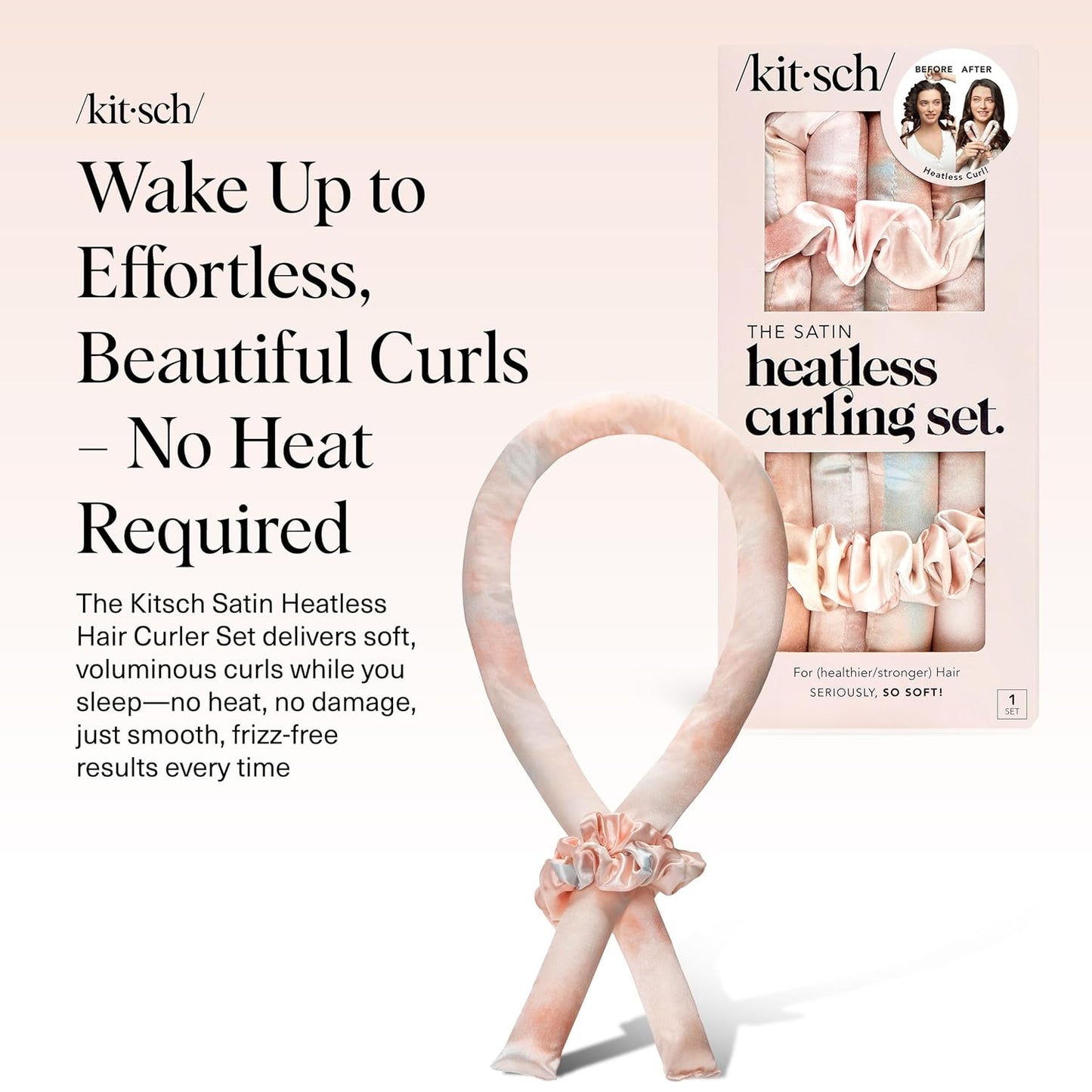Kitsch Satin Heatless Curls Overnight Set - Sunset Tie Dye | No Heat Damage Overnight Curls | Comfortable Frizz Free Hair Curlers to Sleep in with 34" Hair Waver & 2 Satin Scrunchies