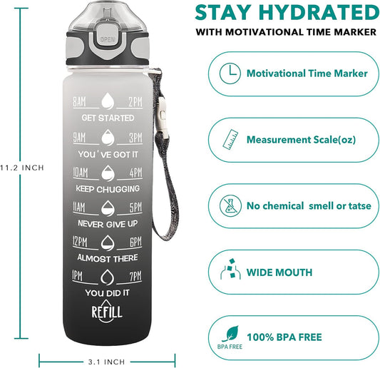 32 Oz Drinking Water Bottle with Times to Drink and Straw, Motivational with Carrying Strap, Leakproof BPA & Toxic Free, Ensure You Drink Enough Water for Fitness Gym Outdoor