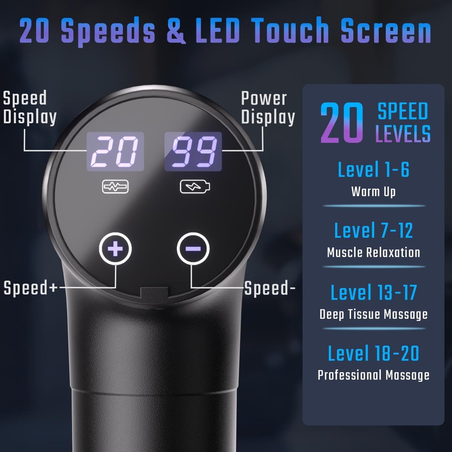 Massage Gun Deep Tissue, Muscle Massage Gun with 9 Attachment Heads 20 Speeds & Silent Brushless Motor for Pain Relief, Handheld Percussion Back Massager Gun, Fathers Day Dad Gifts(Black)
