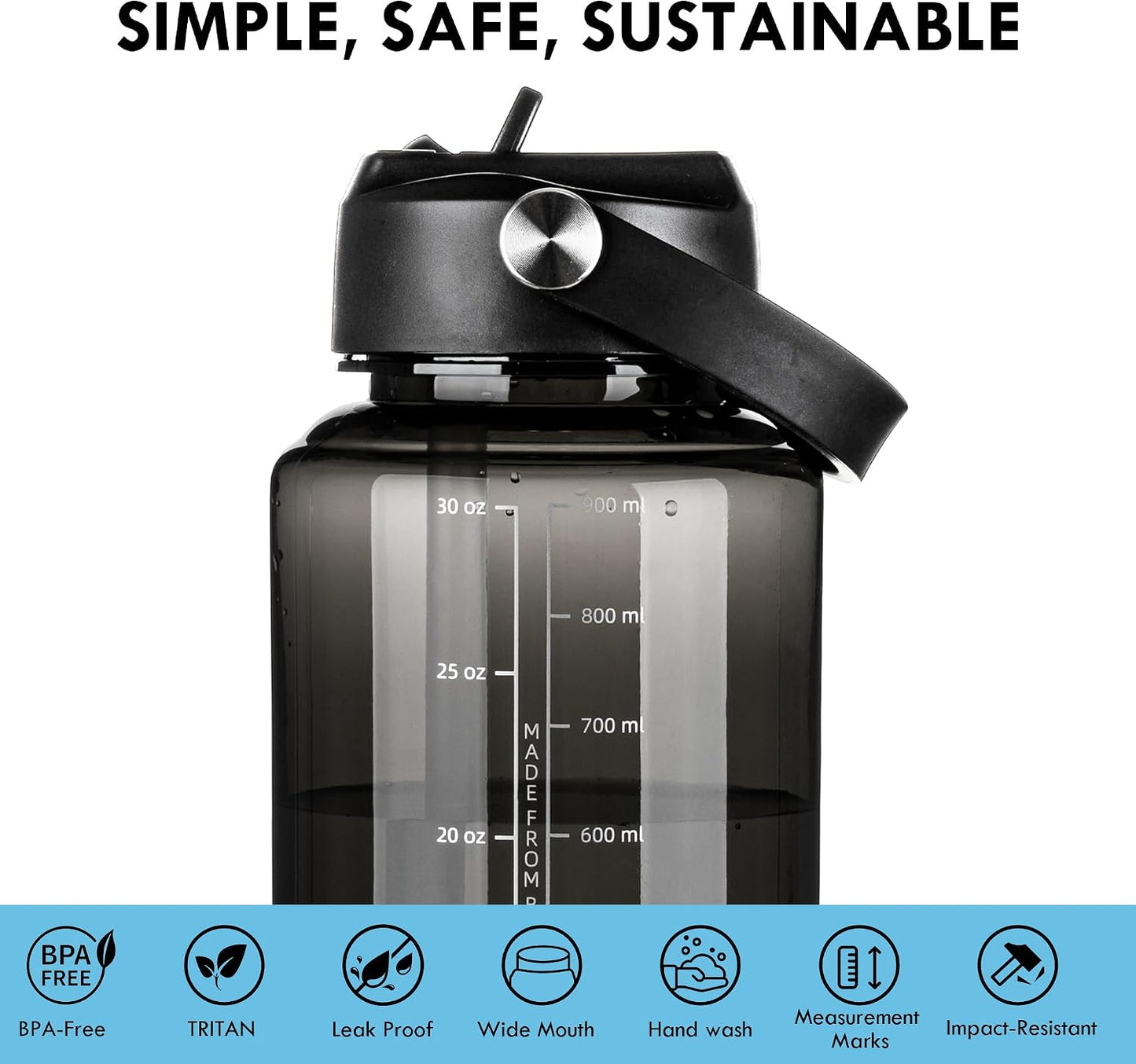 32Oz Water Bottle with Straw, Leakproof Tritan Clear Bottle with Marked Bottle and Carry Handle, Bpa-Free Wide Mouth Reusable Sports Bottle for Gym,Hiking, Camping,Travel, Workout,Black