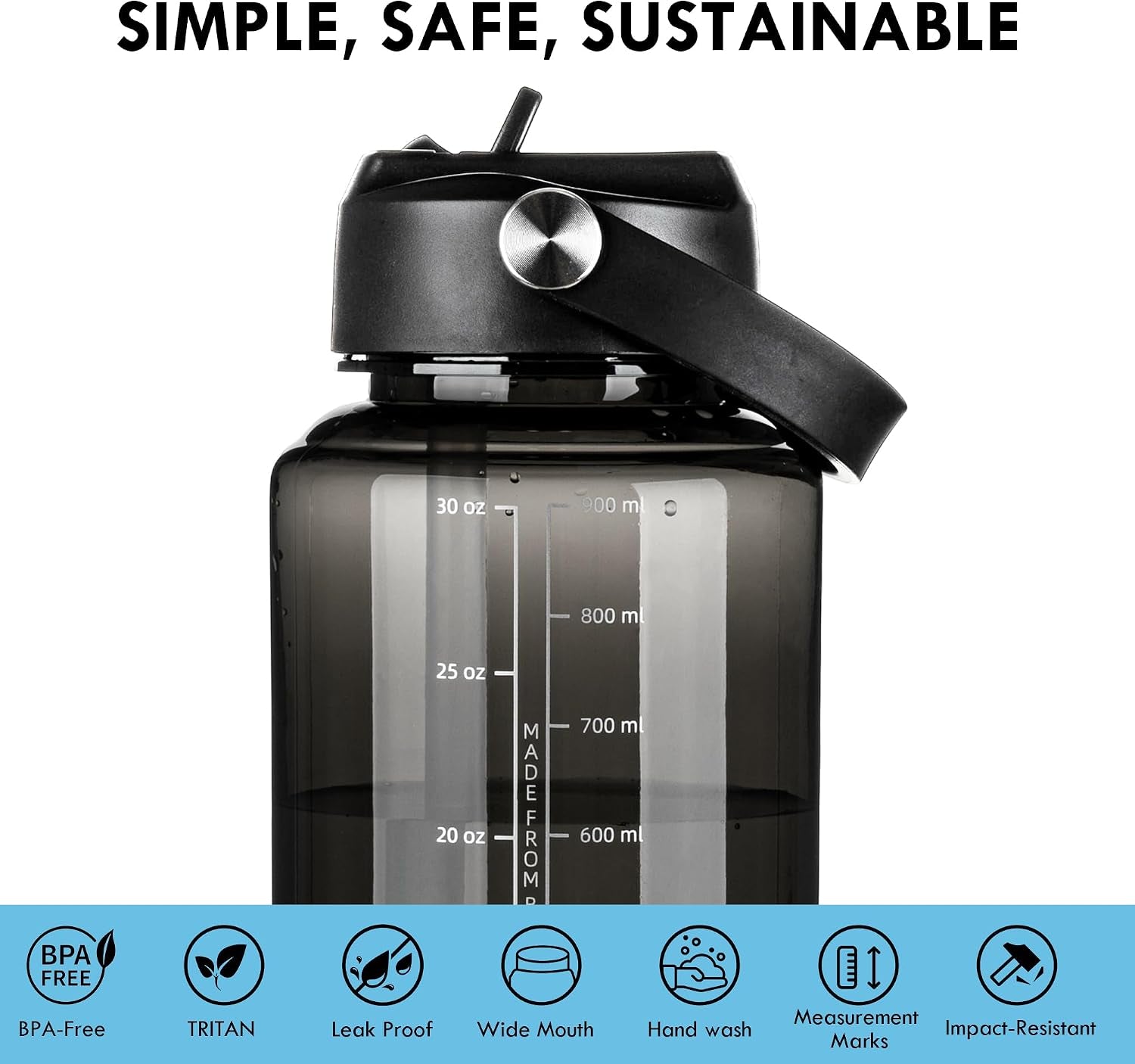 32Oz Water Bottle with Straw, Leakproof Tritan Clear Bottle with Marked Bottle and Carry Handle, Bpa-Free Wide Mouth Reusable Sports Bottle for Gym,Hiking, Camping,Travel, Workout,Black