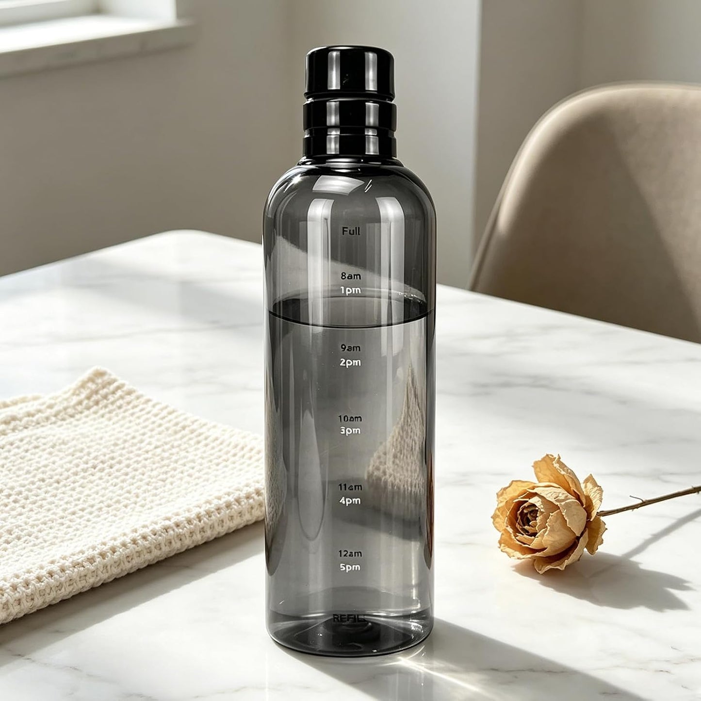 Water Bottle with Measurements, PC Clear Water Bottles with Time Scale, Portable and Practical Daily Water Intake Bottle Suitable for Indoor and Outdoor Use (Black)