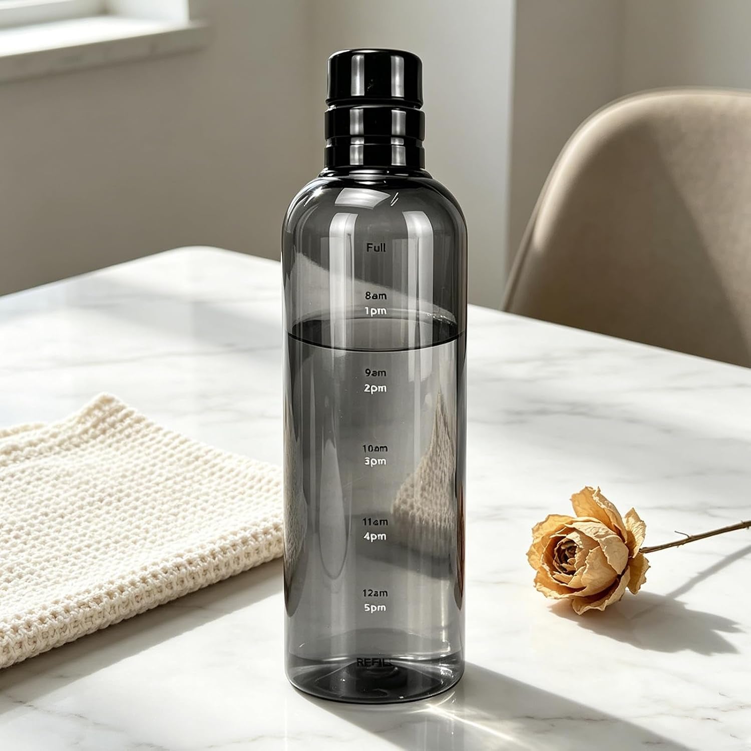 Water Bottle with Measurements, PC Clear Water Bottles with Time Scale, Portable and Practical Daily Water Intake Bottle Suitable for Indoor and Outdoor Use (Black)