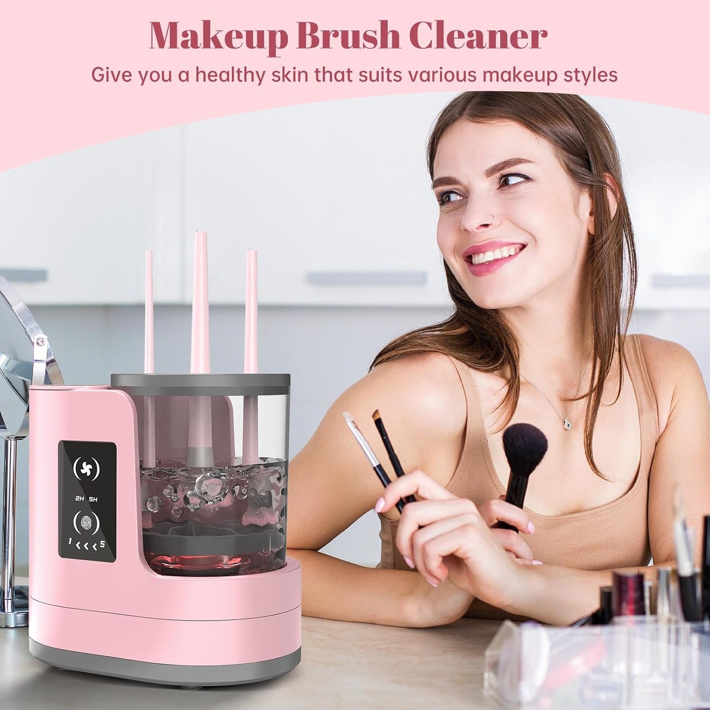 3 in 1 Electric Makeup Brush Cleaner Machine with Makeup Brush Dryer-Holder-Portable Automatic USB Cosmetic Brushes Cleaner Tool for All Size Beauty Makeup Brush Set,Eyeshadow, Blush Brush (Rose Pink)