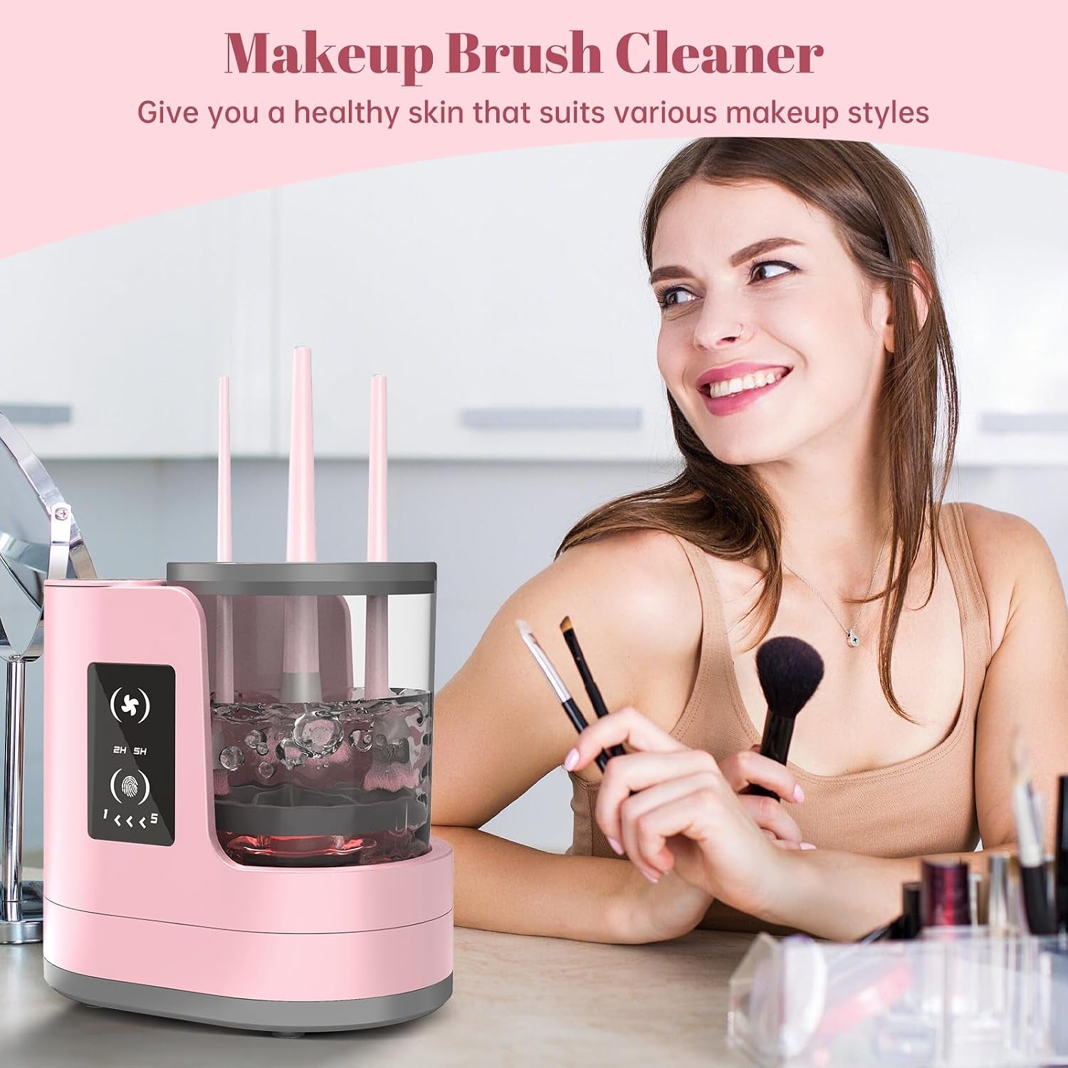 3 in 1 Electric Makeup Brush Cleaner Machine with Makeup Brush Dryer-Holder-Portable Automatic USB Cosmetic Brushes Cleaner Tool for All Size Beauty Makeup Brush Set,Eyeshadow, Blush Brush (Rose Pink)