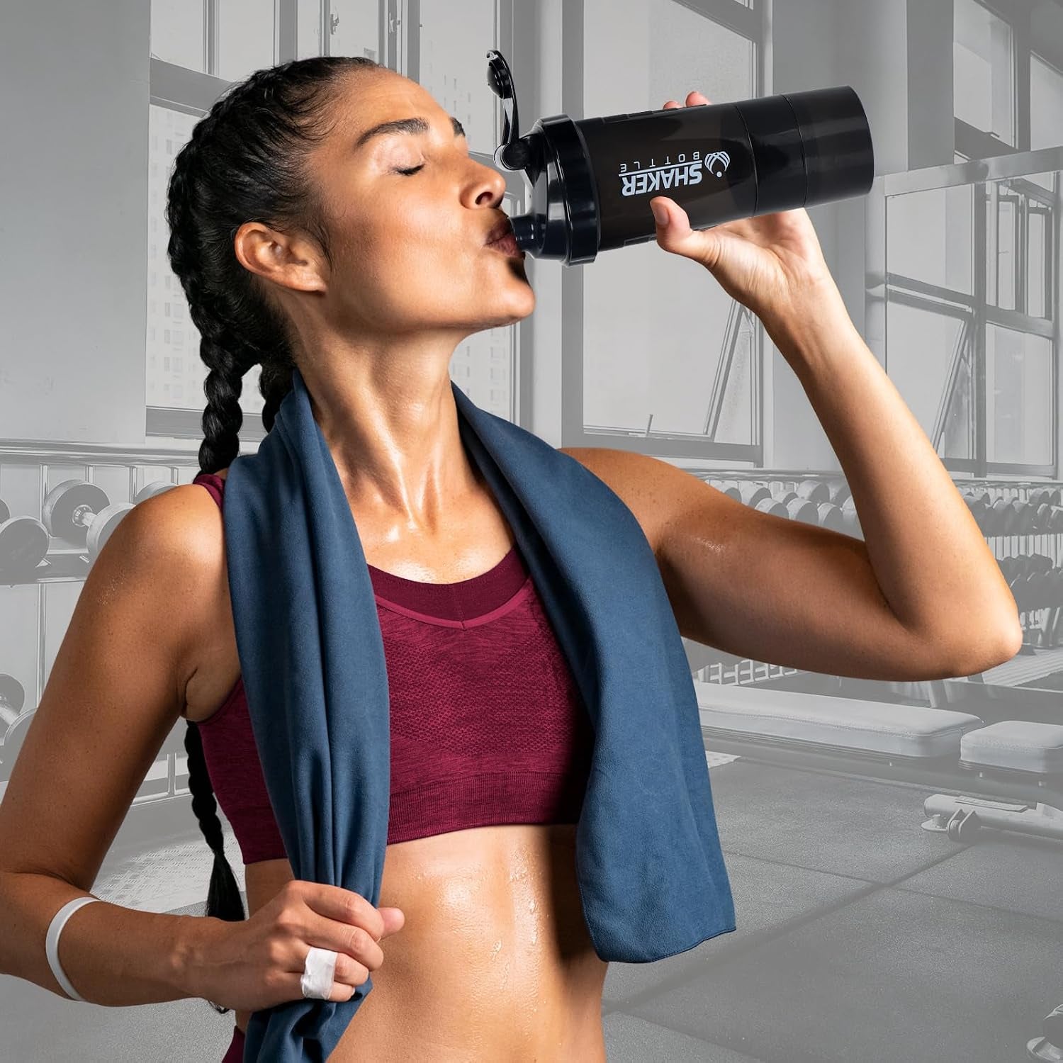 Shaker Bottle 16OZ Protein Shaker Bottles with Mix Ball Sports Water Bottle Leak Proof GYM Cup for Protein Mixes with Powder Storage & Pill Organizer, Ideal for Pre Workout,Bpa Free(Black)