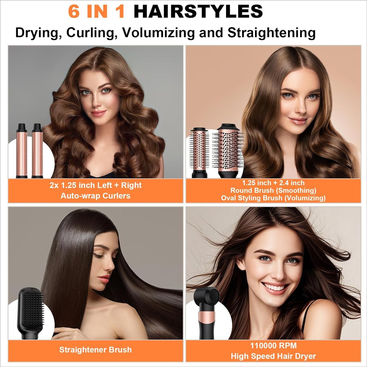 6-In-1 High-Speed Air Styler,110,000 RPM Professional Hair Dryer Brush-Fast Drying with No Heat Damage,Auto-Wrap Curlers for Effortless Salon Curls & Smoothing,Ionic Care & Travel Ready (Rose Gold)