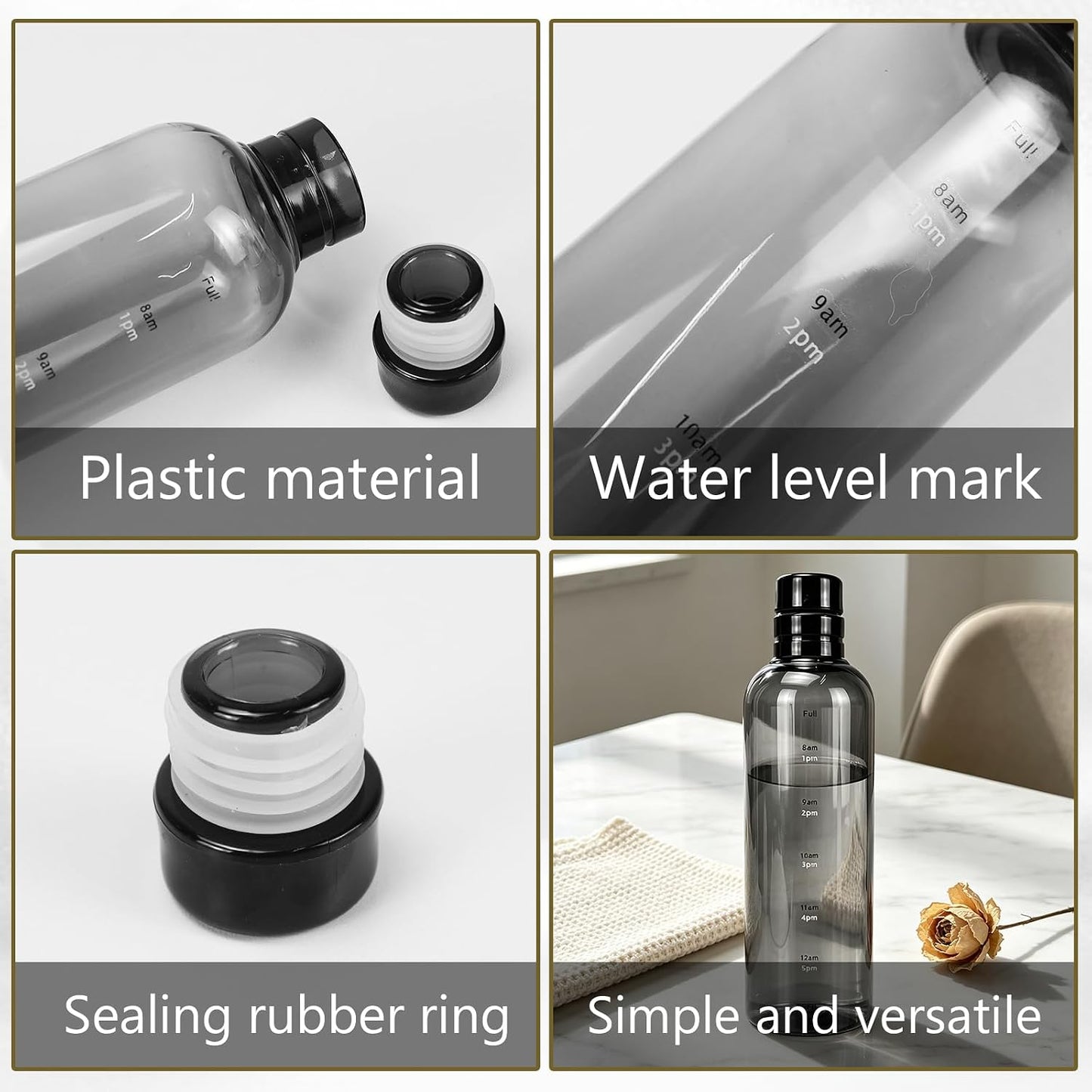 Water Bottle with Measurements, PC Clear Water Bottles with Time Scale, Portable and Practical Daily Water Intake Bottle Suitable for Indoor and Outdoor Use (Black)