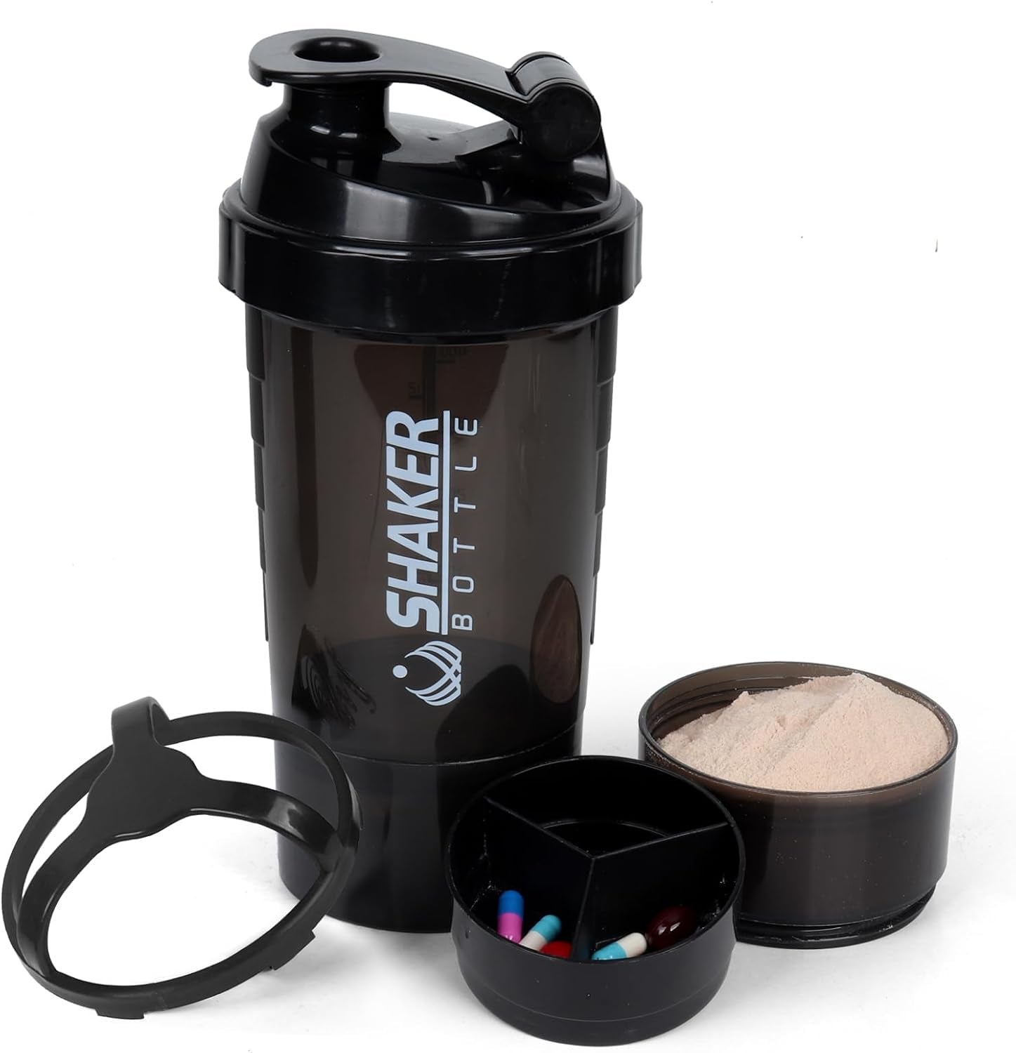 Shaker Bottle 16OZ Protein Shaker Bottles with Mix Ball Sports Water Bottle Leak Proof GYM Cup for Protein Mixes with Powder Storage & Pill Organizer, Ideal for Pre Workout,Bpa Free(Black)