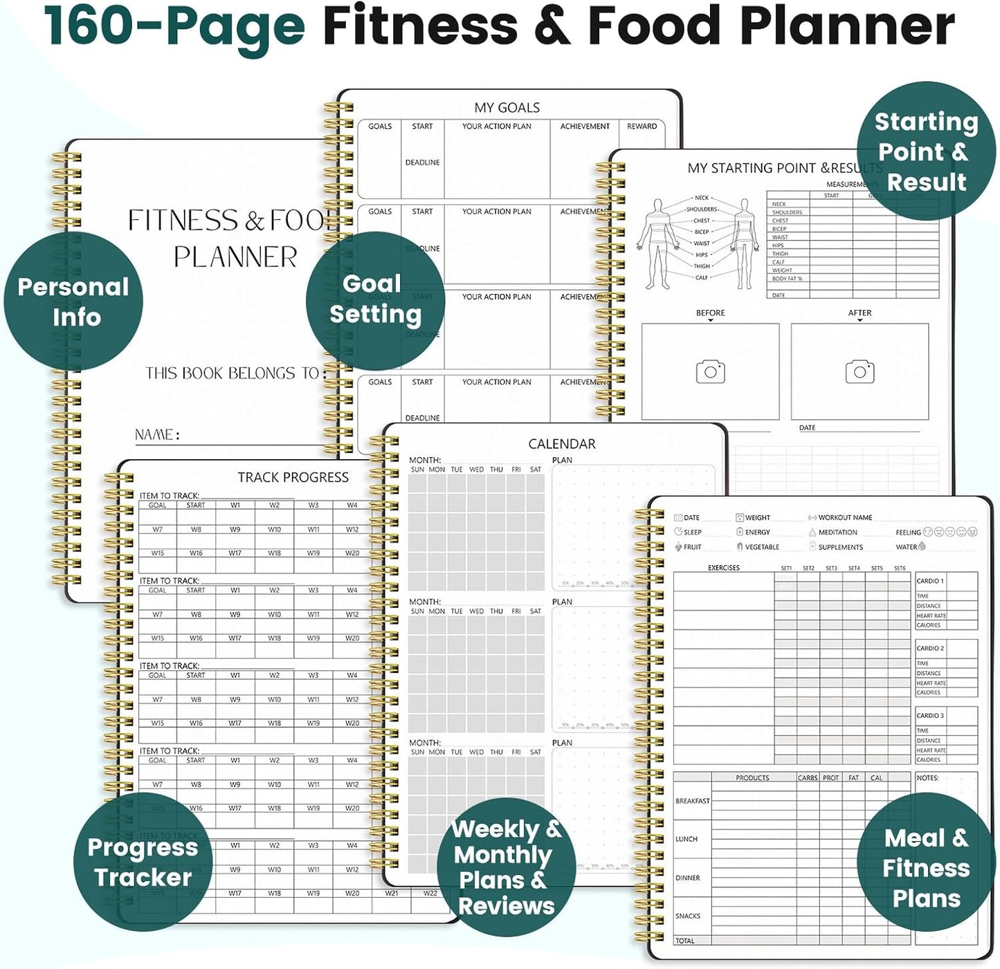 Fitness Journal for Women & Men, Food & Workout Journal Planner Log Book with Measuring Tape, Undated Wellness Planner to Track Weight Loss, Muscle Gain, Home Gym Exercise, Daily Nutrition, 9.5" X 7"