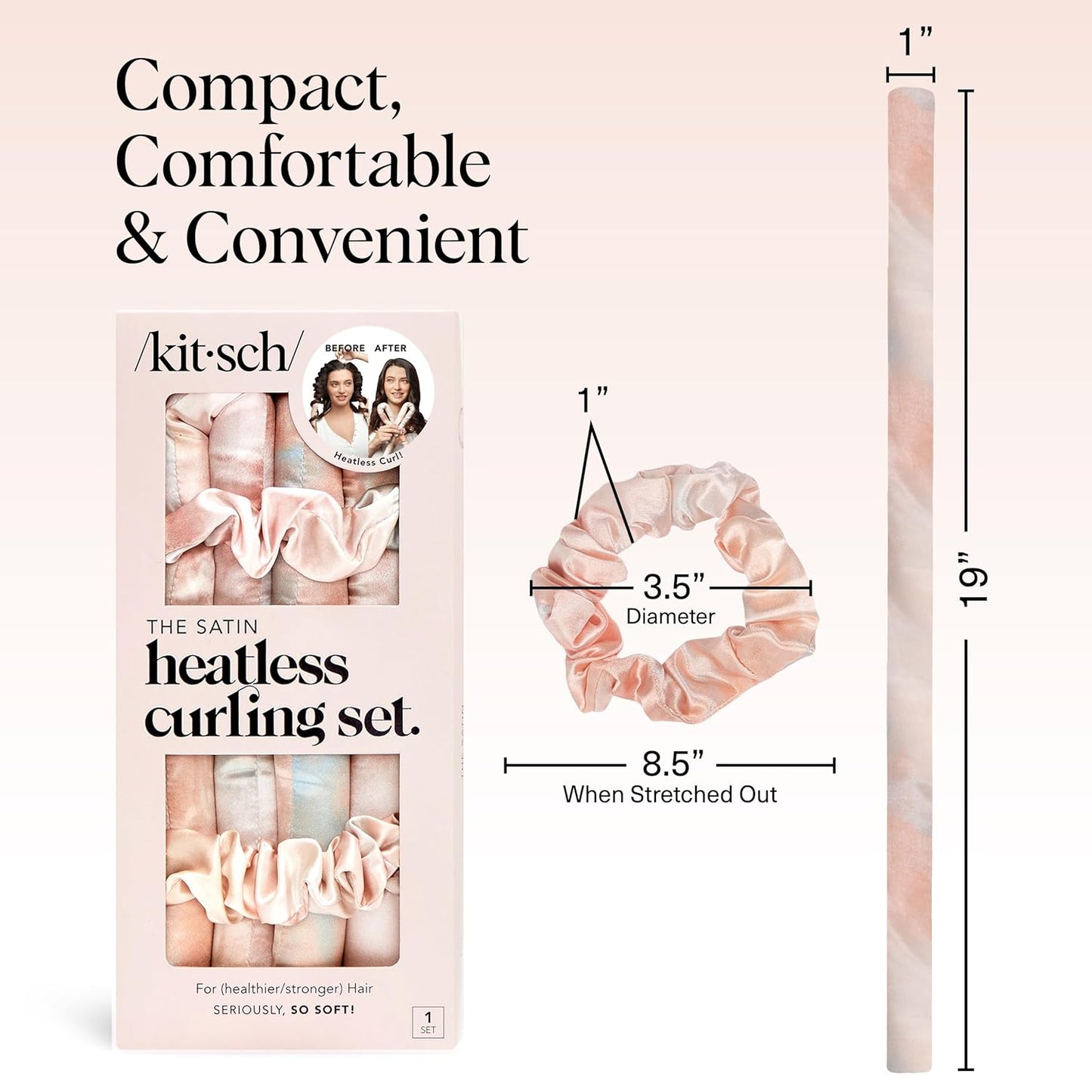 Kitsch Satin Heatless Curls Overnight Set - Sunset Tie Dye | No Heat Damage Overnight Curls | Comfortable Frizz Free Hair Curlers to Sleep in with 34" Hair Waver & 2 Satin Scrunchies