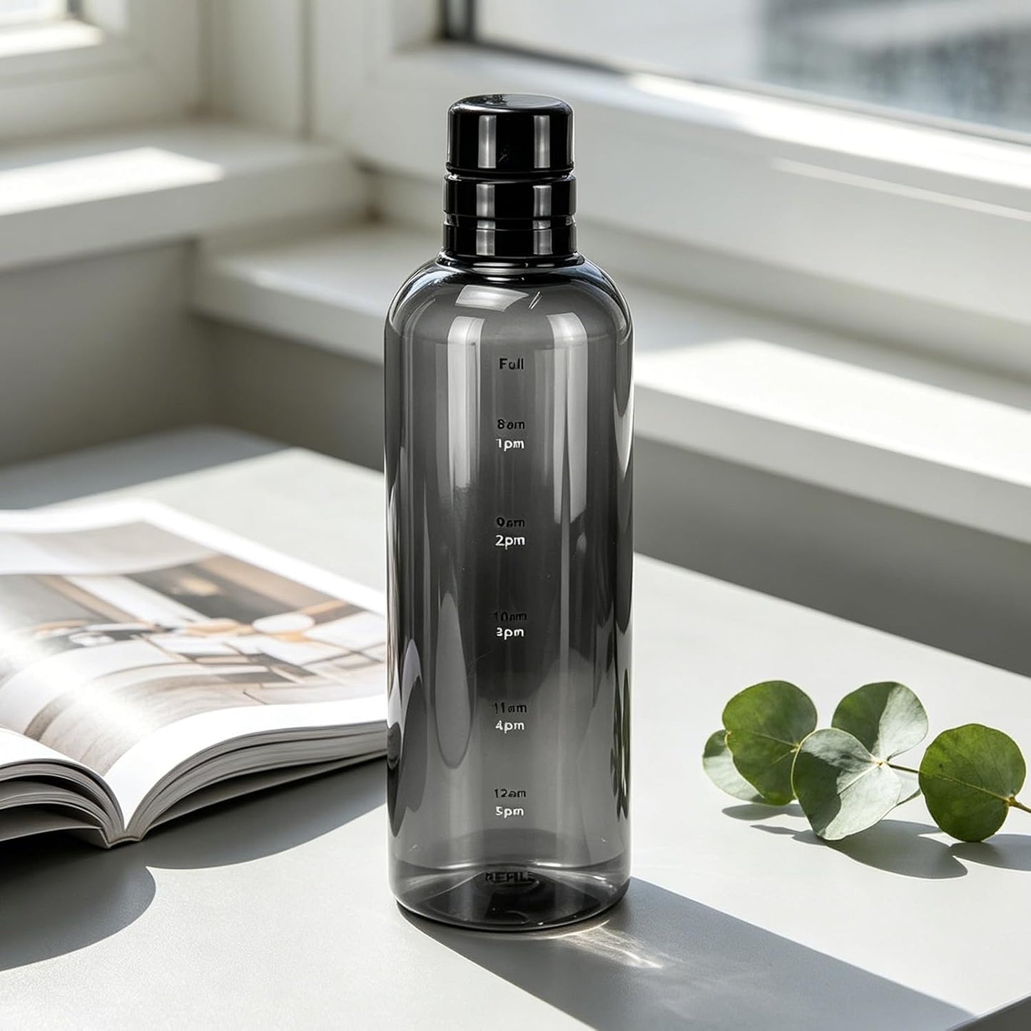 Water Bottle with Measurements, PC Clear Water Bottles with Time Scale, Portable and Practical Daily Water Intake Bottle Suitable for Indoor and Outdoor Use (Black)