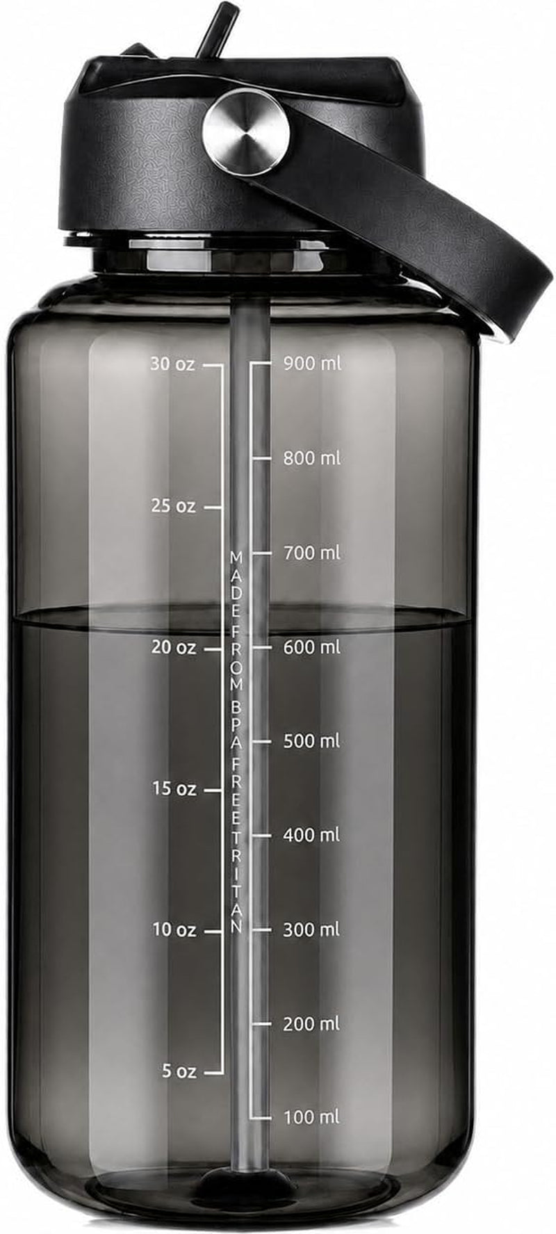 32Oz Water Bottle with Straw, Leakproof Tritan Clear Bottle with Marked Bottle and Carry Handle, Bpa-Free Wide Mouth Reusable Sports Bottle for Gym,Hiking, Camping,Travel, Workout,Black