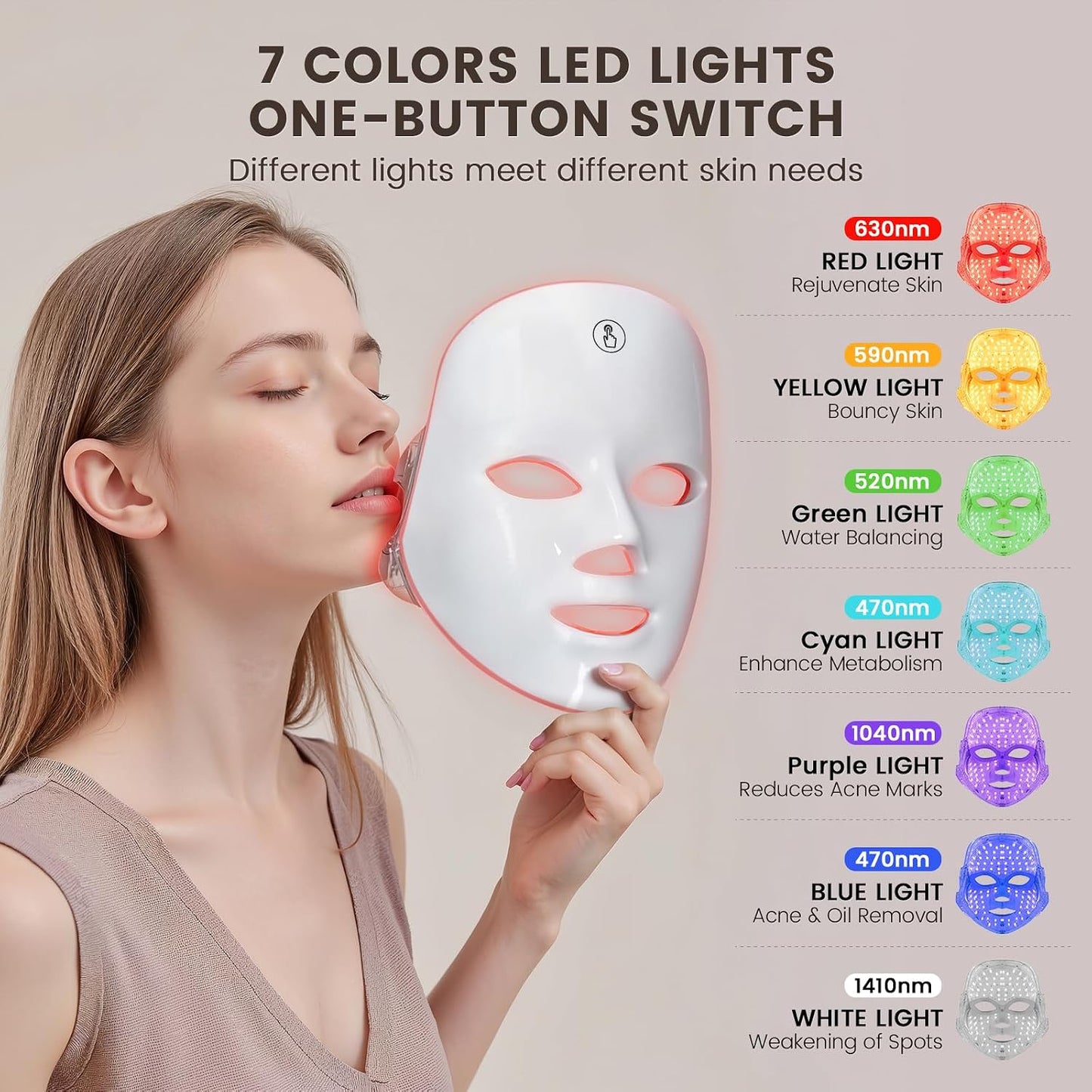 LED Face Mask Light Therapy,Led Light Therapy Mask for Face，Portable 7 Colors LED Facial Skin Care Mask for Home Use,Rechargeable