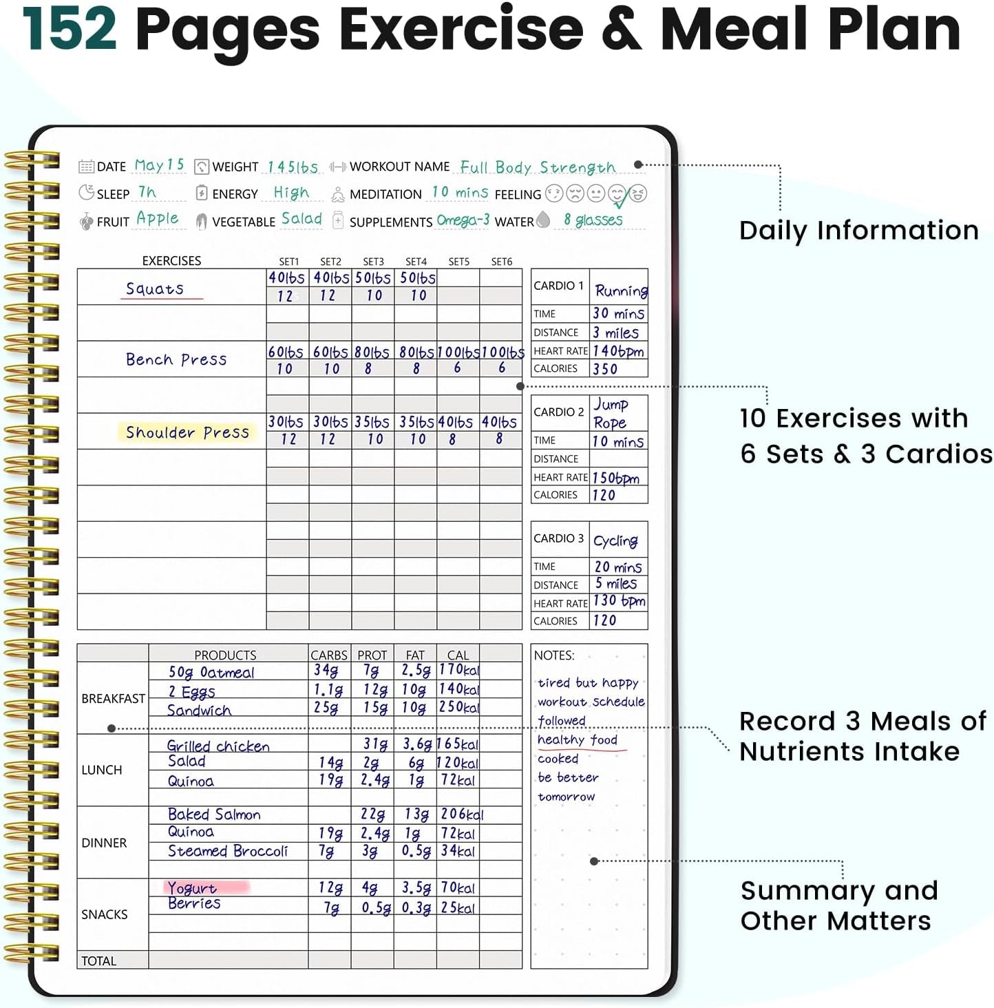 Fitness Journal for Women & Men, Food & Workout Journal Planner Log Book with Measuring Tape, Undated Wellness Planner to Track Weight Loss, Muscle Gain, Home Gym Exercise, Daily Nutrition, 9.5" X 7"
