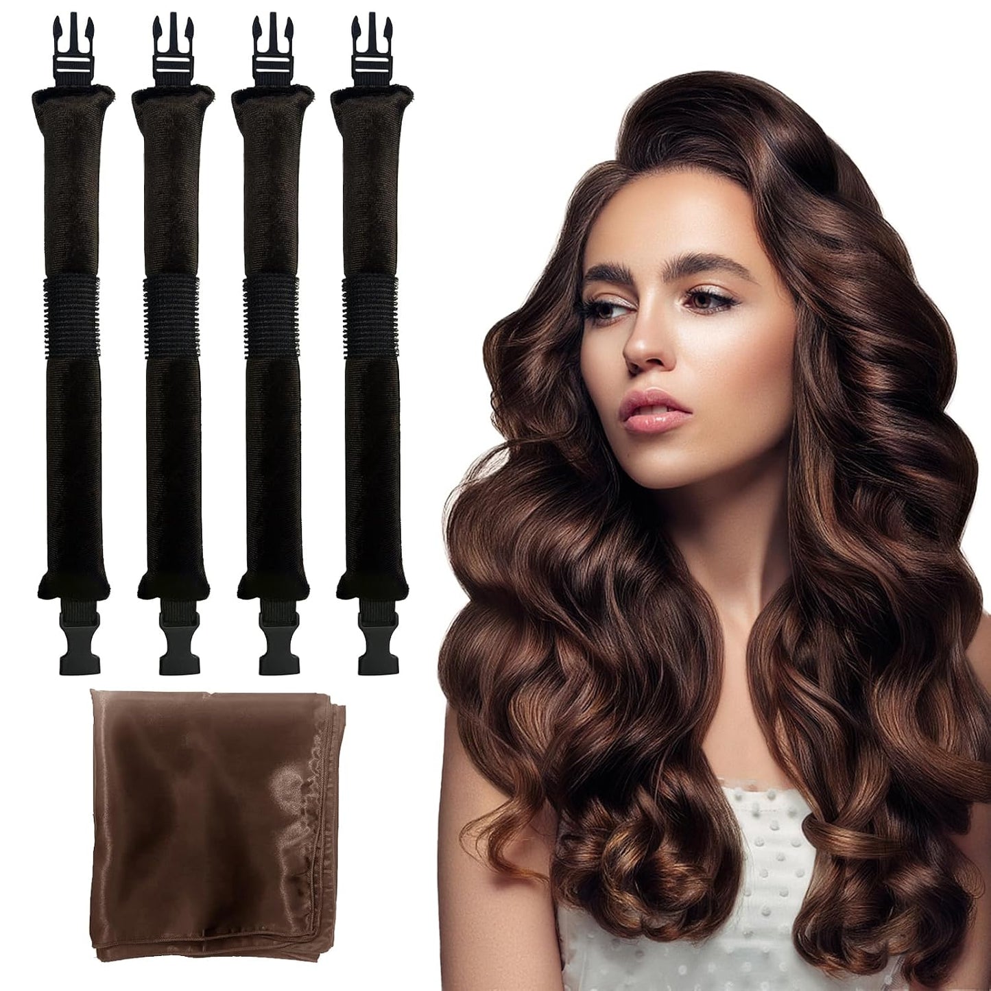 Heatless Hair Curler Velvet, Heatless Curls Overnight Hair Curlers to Sleep In, Overnight Rods Heatless Curls for Short Long Hair All Hair Types Styling Tools-4Pcs Brown