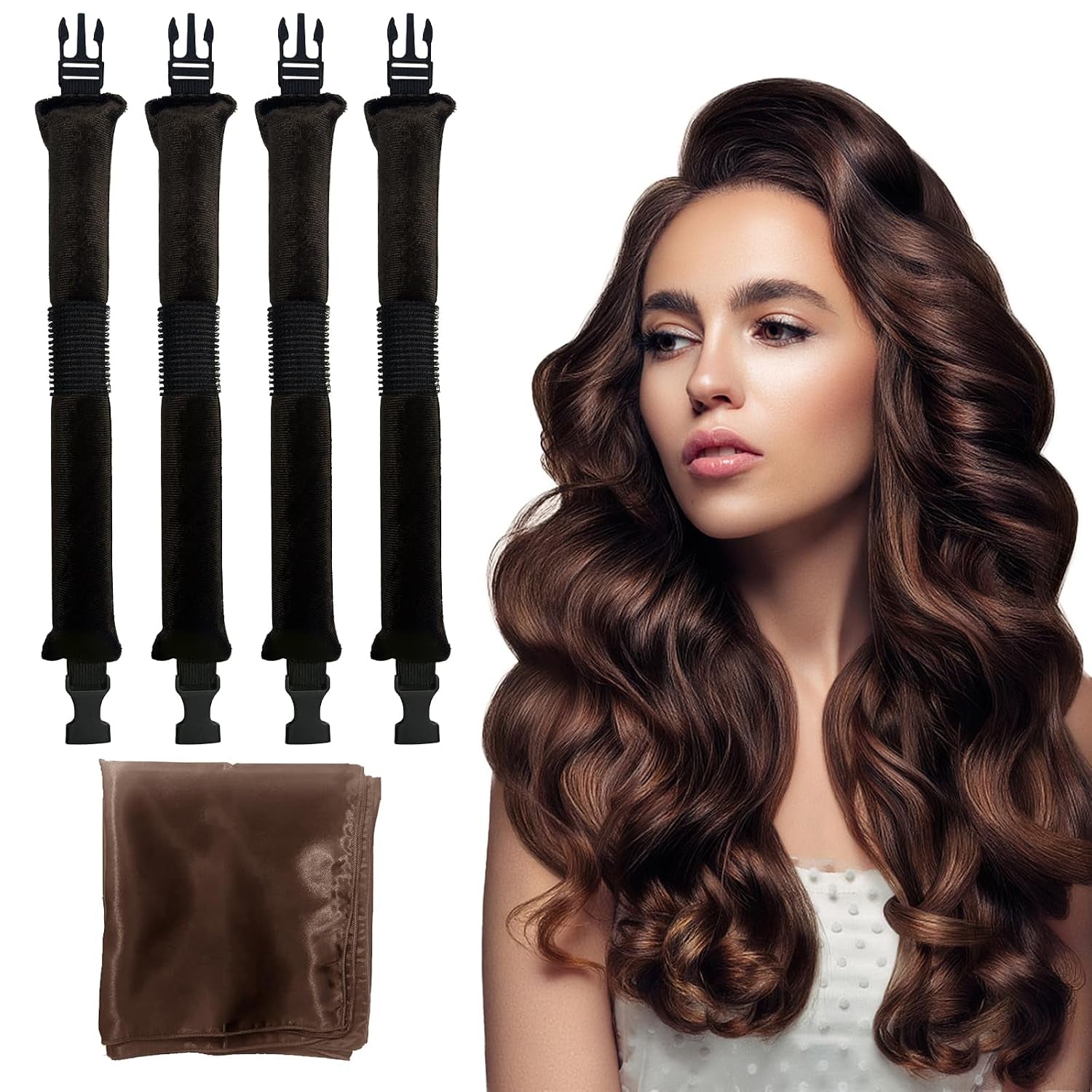 Heatless Hair Curler Velvet, Heatless Curls Overnight Hair Curlers to Sleep In, Overnight Rods Heatless Curls for Short Long Hair All Hair Types Styling Tools-4Pcs Brown