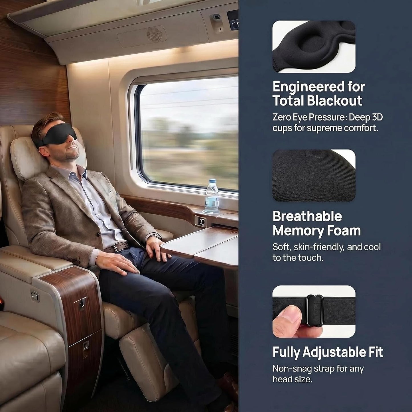 3D Contoured Sleep Mask, Soft Breathable Eye Mask for Sleeping, Light Blocking Blindfold with Adjustable Strap, Comfortable Night Eye Cover for Travel, Nap, Night Shift (1 Black)